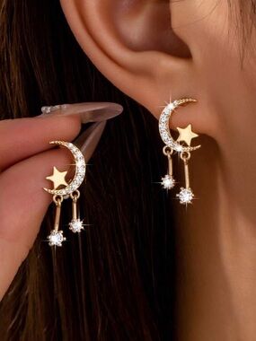 Gold Moon & Star Drop Earrings with Clear Crystals R 465